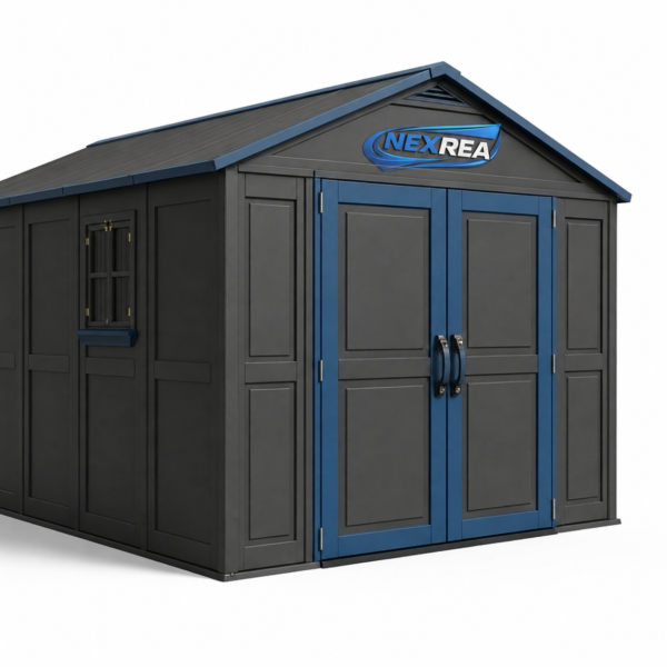 NEXERA 15 Ft x 8 Ft Outdoor Storage Shed with Dual Entry, Rough Cut Wood-Look Finish & Built-In Shelving System 109 Sq. Ft.