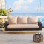 69″ Brown Woven Rattan Outdoor Swing Chair with Beige Cushions - Image 2