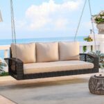 69″ Brown Woven Rattan Outdoor Swing Chair with Beige Cushions - Image 3
