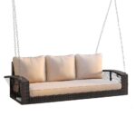 69″ Brown Woven Rattan Outdoor Swing Chair with Beige Cushions - Image 6