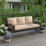 69″ Brown Woven Rattan Outdoor Swing Chair with Beige Cushions - Image 8