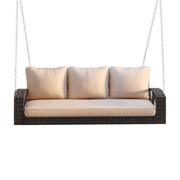 69″ Brown Woven Rattan Outdoor Swing Chair with Beige Cushions