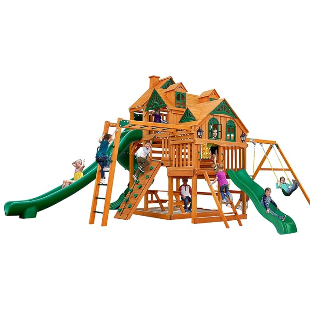 welt-product-27-image-1.png Gorilla Playsets Empire Extreme Wooden Swing Set with Monkey Bars, Clatter Bridge, Tower, and 3 Slides - Image 1