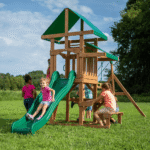 Canyon Creek All Cedar Swing Set Playset w/ Rockwall Upper Fort Belt Swings Web Swing Gray Wave Slide, and Play Kitchen - Image 5